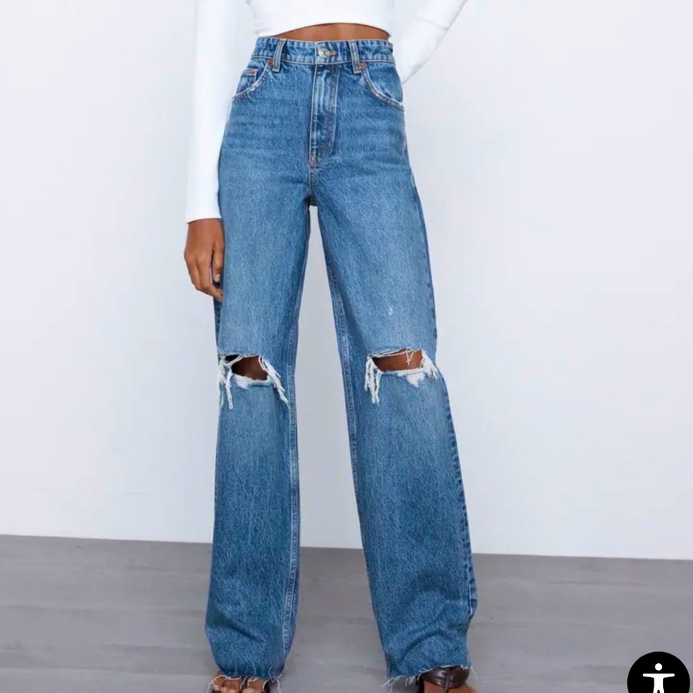 Wide leg full length ripped jeans